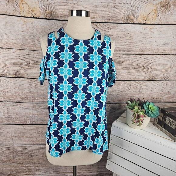 Escapada Living Cold Shoulder Cutout Blue Short Sleeve Top Size Medium‎ - Picture 1 of 8